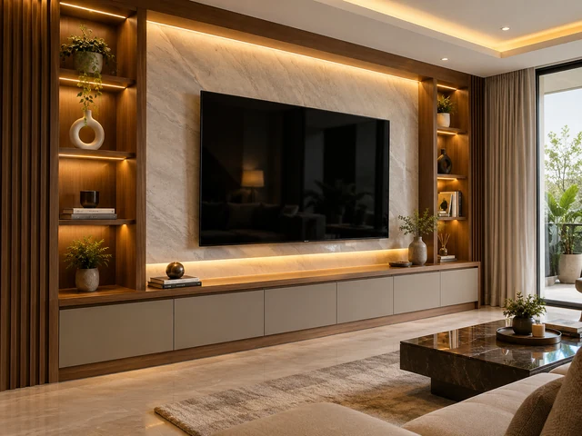 Warm contemporary living room with a custom TV unit and media wall