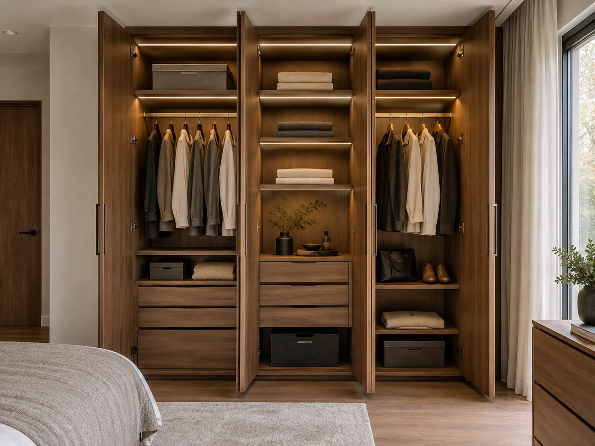Custom wooden wardrobe with warm integrated lighting
