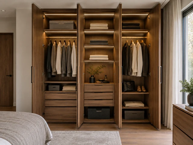 Custom wooden wardrobe with warm integrated lighting